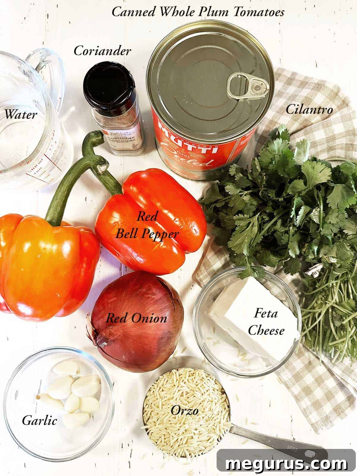 Ingredients laid out for sheet pan tomato orzo, including vegetables, canned tomatoes, feta, and orzo.
