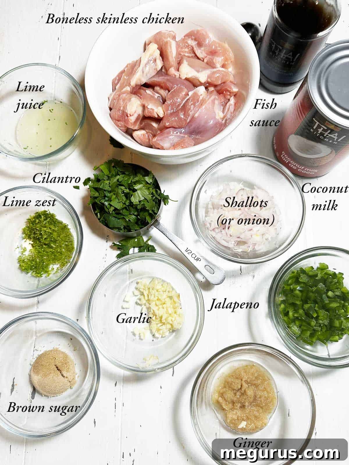 Fresh ingredients laid out for making coconut lime chicken, including chicken, coconut milk, limes, shallots, and herbs.