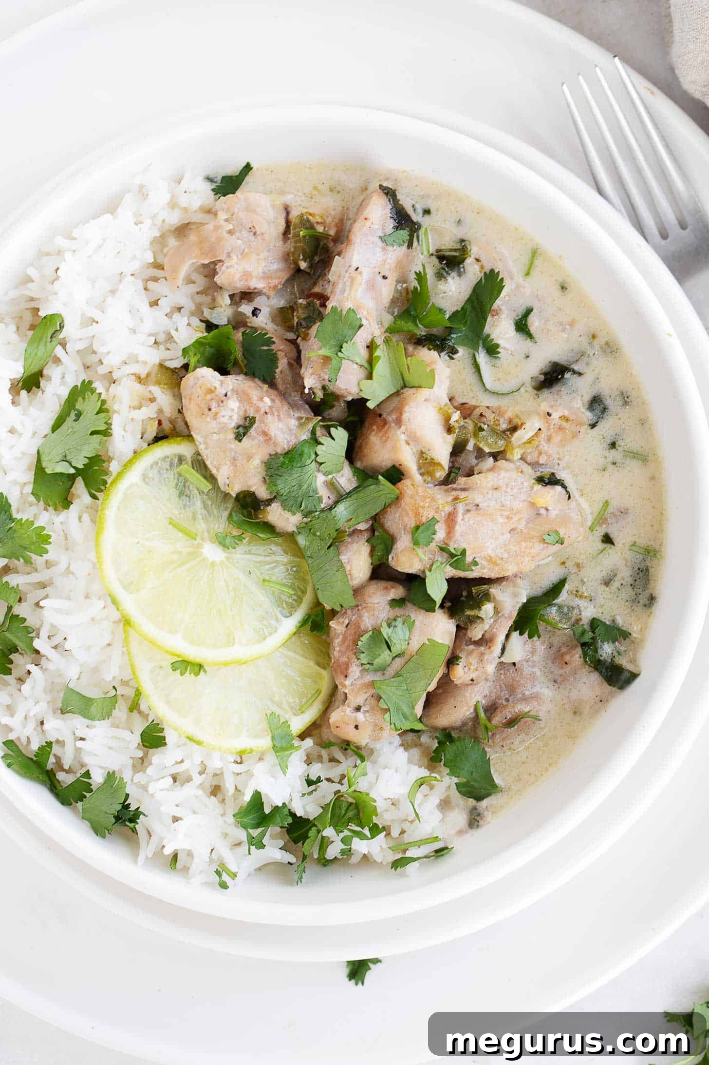 Close-up of creamy coconut lime chicken in a bowl with rice, garnished with fresh cilantro.
