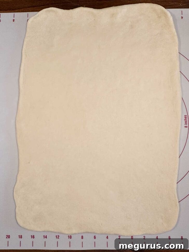 Dough rolled into a rectangle after rising.