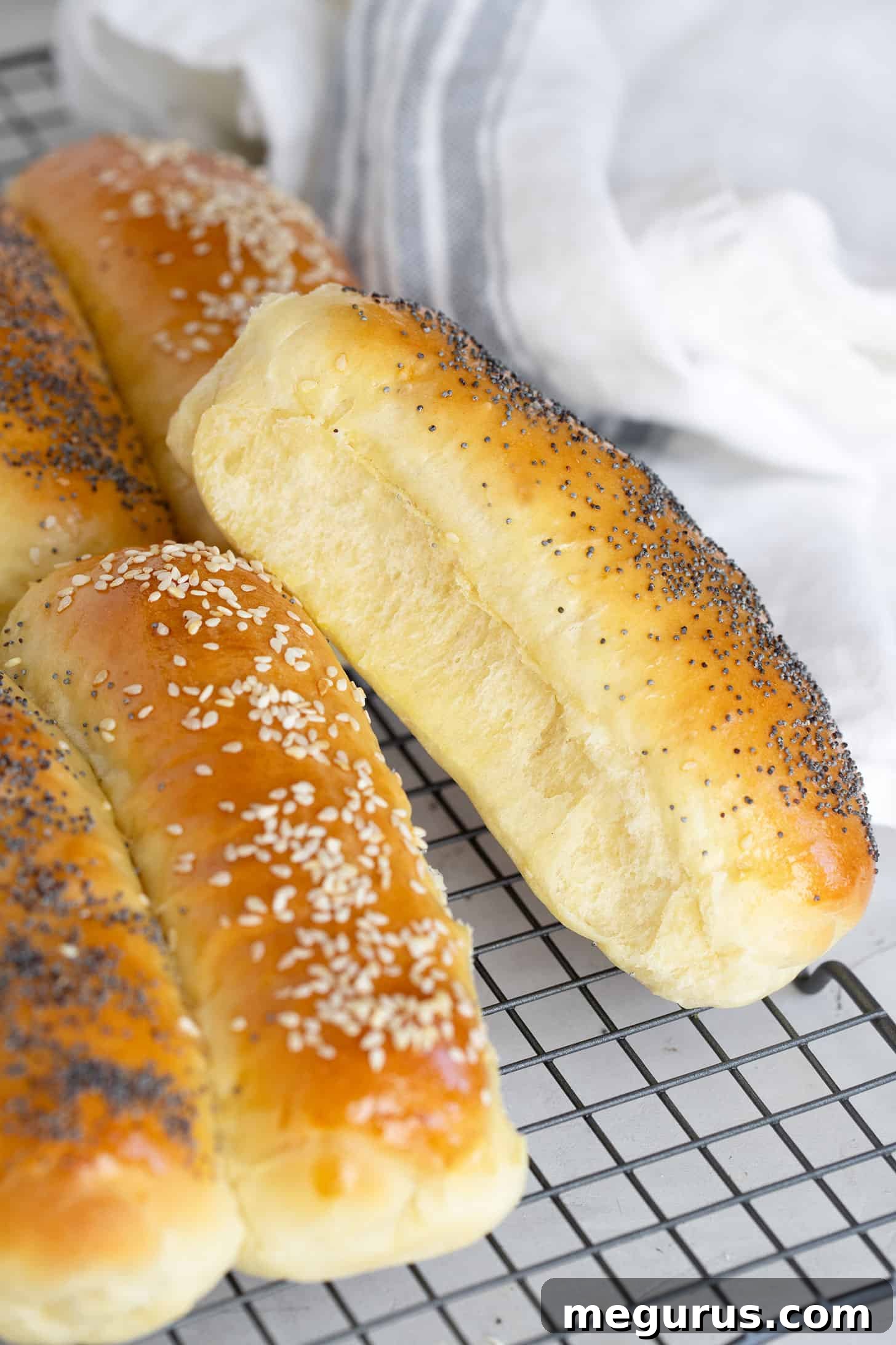 Golden-brown brioche hot dog buns, perfectly baked and ready for your favorite hot dogs or sausages.
