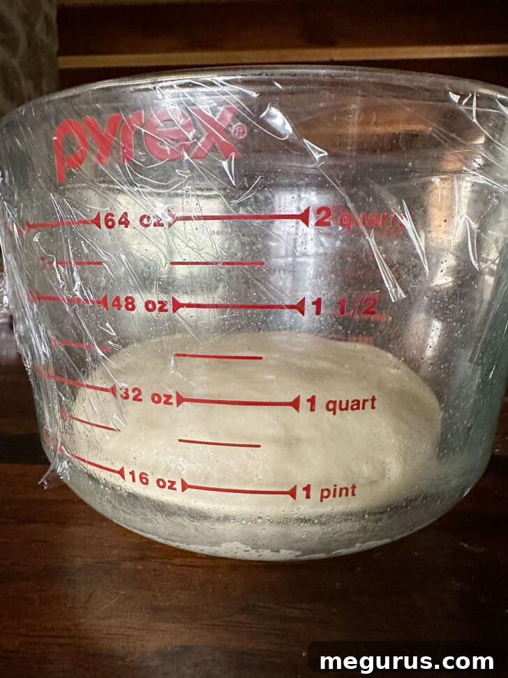 Brioche dough placed in a measuring cup, ready for its first rise.