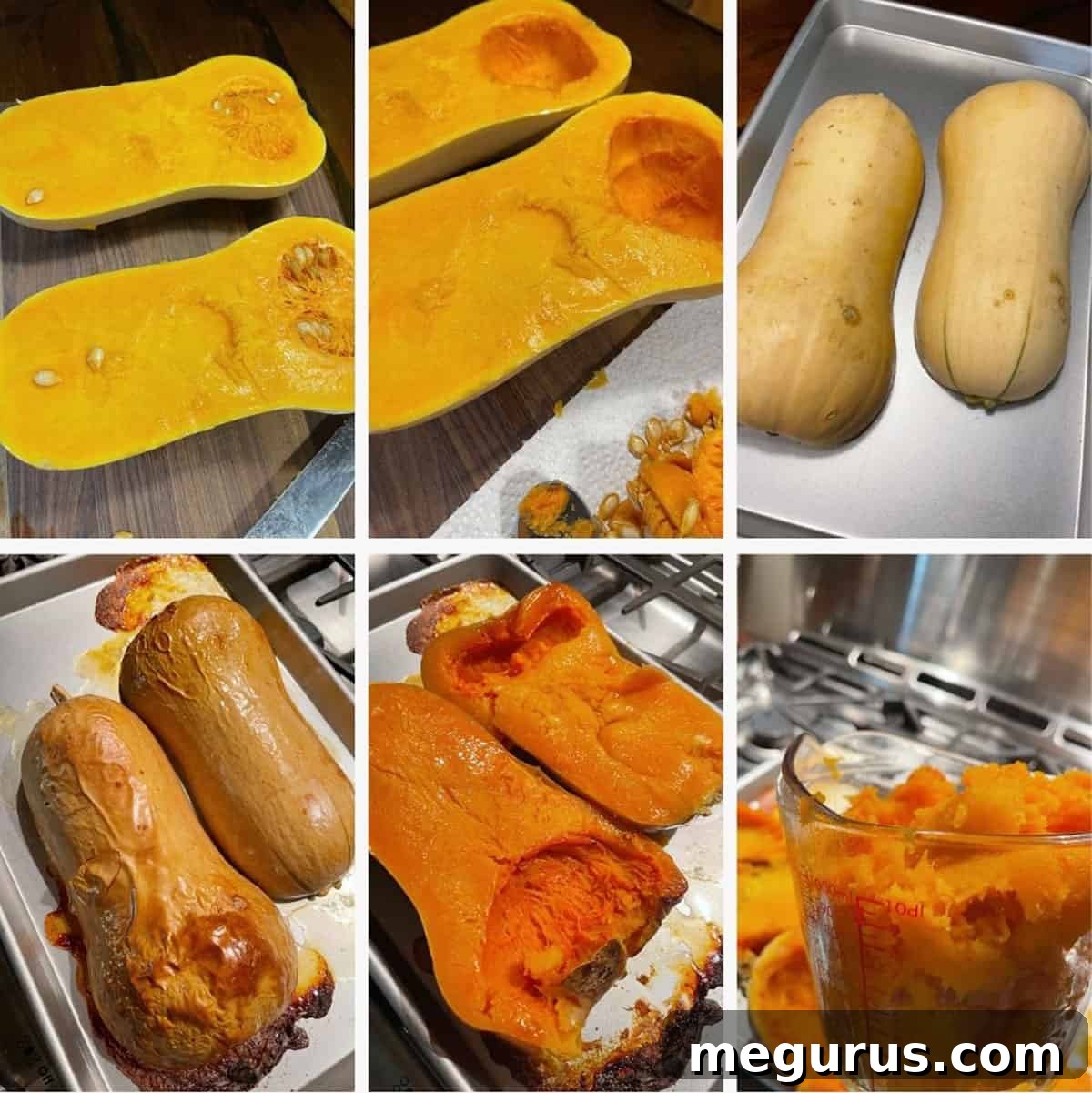 Photo collage showing the first steps of making butternut squash casserole: cutting, roasting, and scooping.