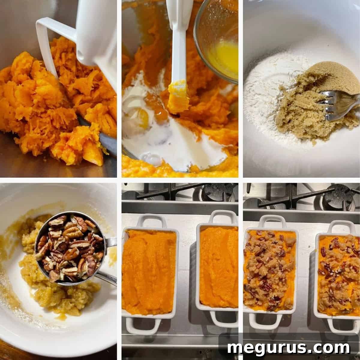 Photo collage showing the mixing of butternut squash puree and adding the pecan topping to the casserole.