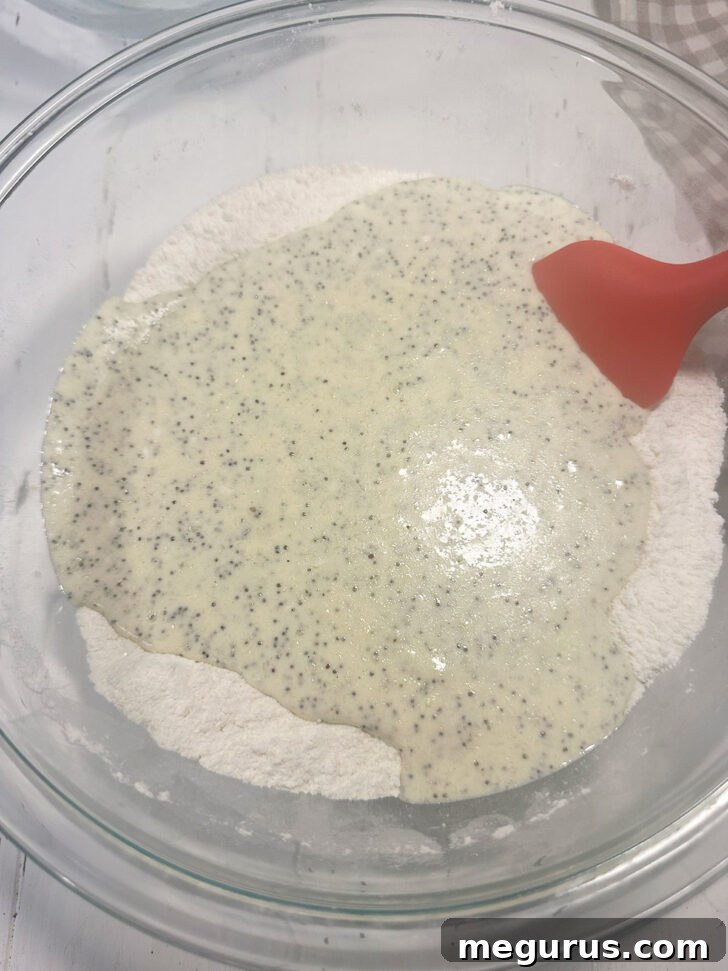 Wet ingredients being gently poured into the bowl of dry ingredients.