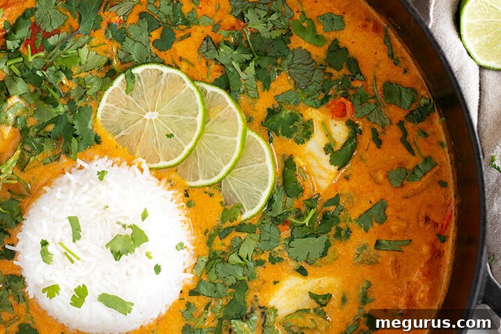 Coconut fish curry in skillet with rice.
