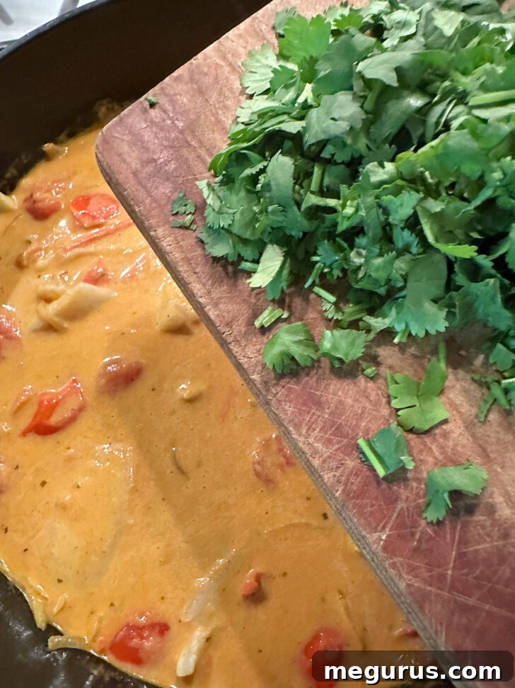 Fresh cilantro being sprinkled generously over the finished coconut fish curry.