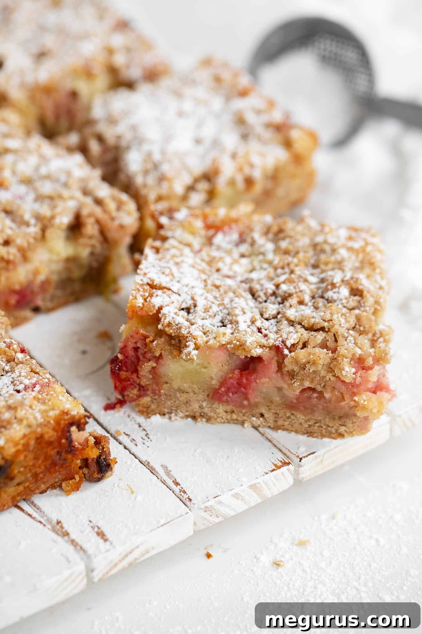 Close-up of a sliced rhubarb custard cake, revealing the distinct crumb, custard, and topping layers.