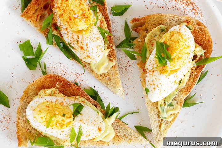 Open-faced devilled egg sandwiches on plate.