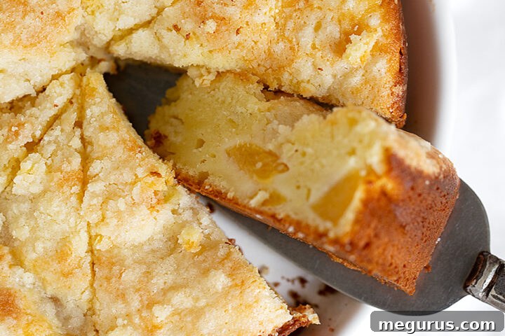 A perfectly sliced Peach Cream Cheese Cake ready to be served, highlighting its rich texture and delicious crumb topping.
