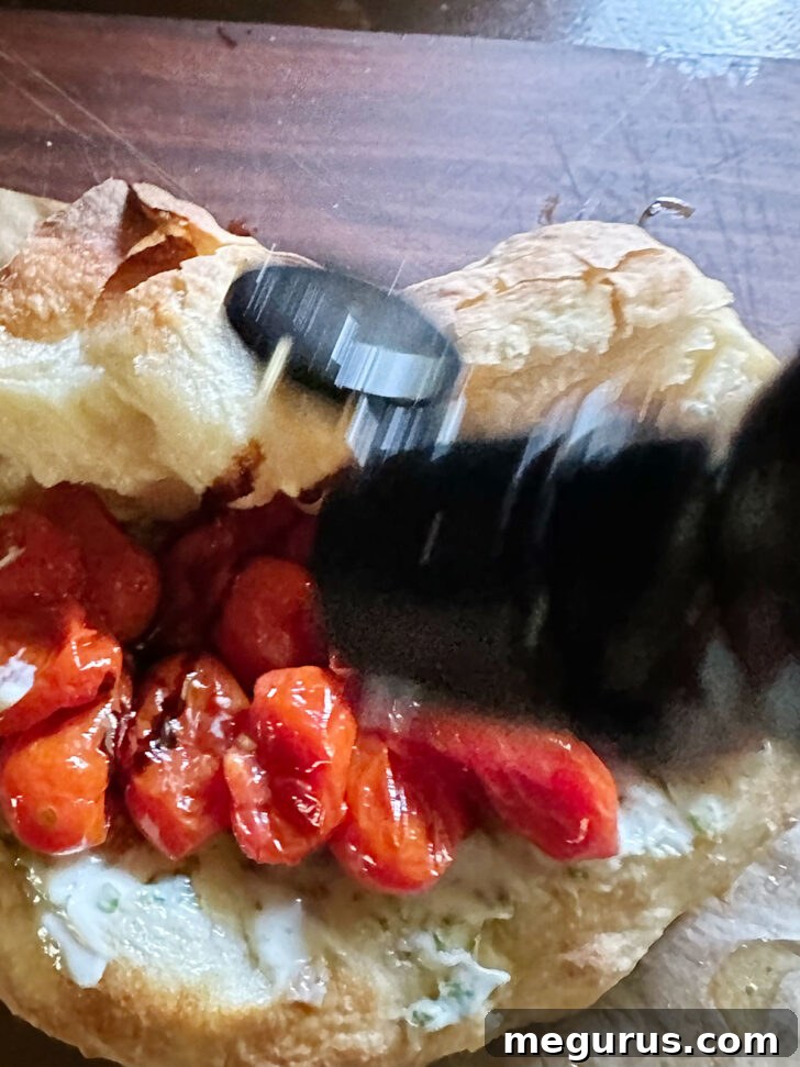 Roasted cherry tomatoes added to the sandwich, with a finishing drizzle of balsamic glaze.