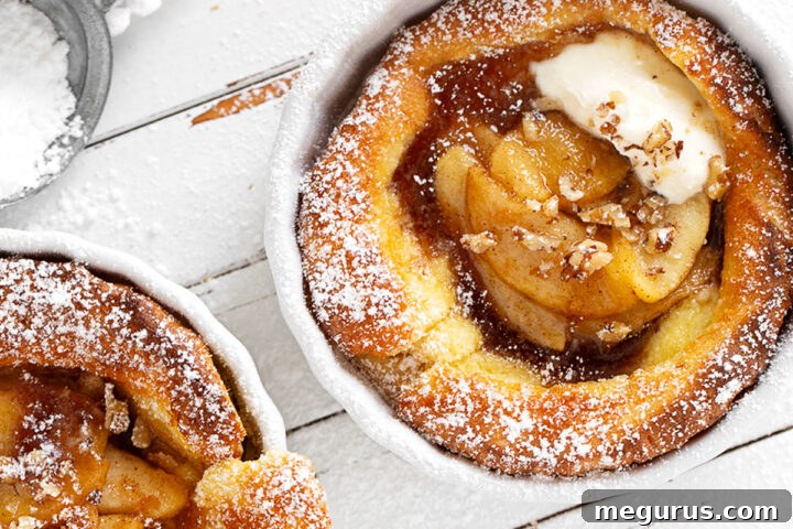 Maple Apple Dutch Babies in ramekins, close-up