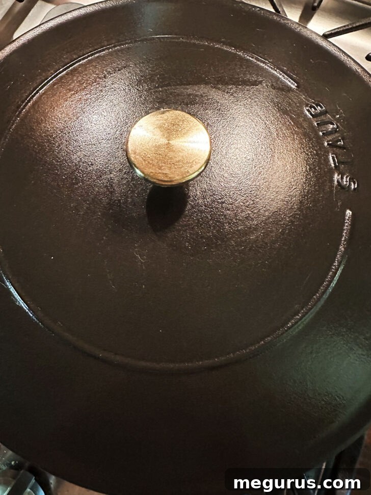 Covering the pot before placing in the oven to cook.