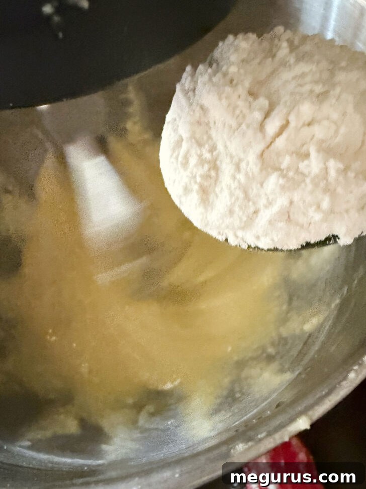 The whisked dry flour mixture being carefully added to the wet batter in alternating steps.
