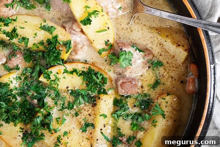 Braised pork with apples in baking dish.
