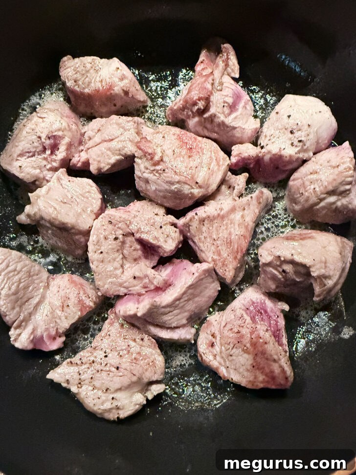 Pork pieces after browning.
