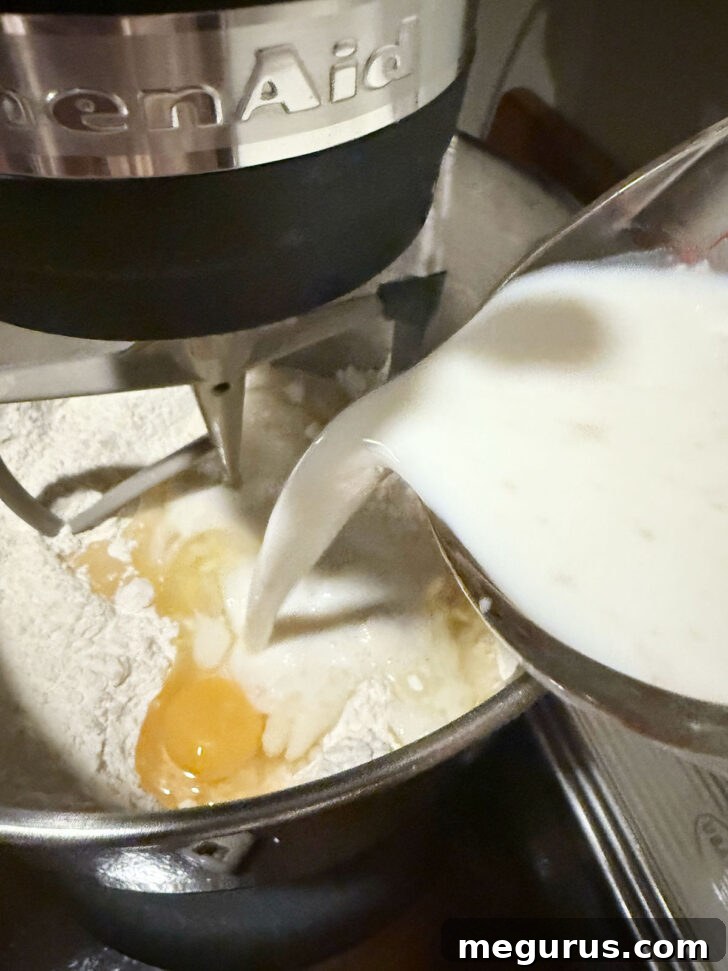 Adding lukewarm milk, egg and oil to mixer.