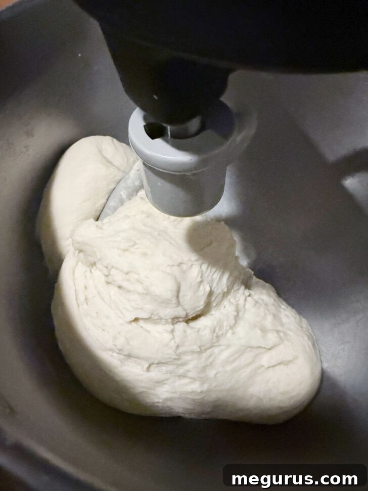 Finished dough in mixer bowl.