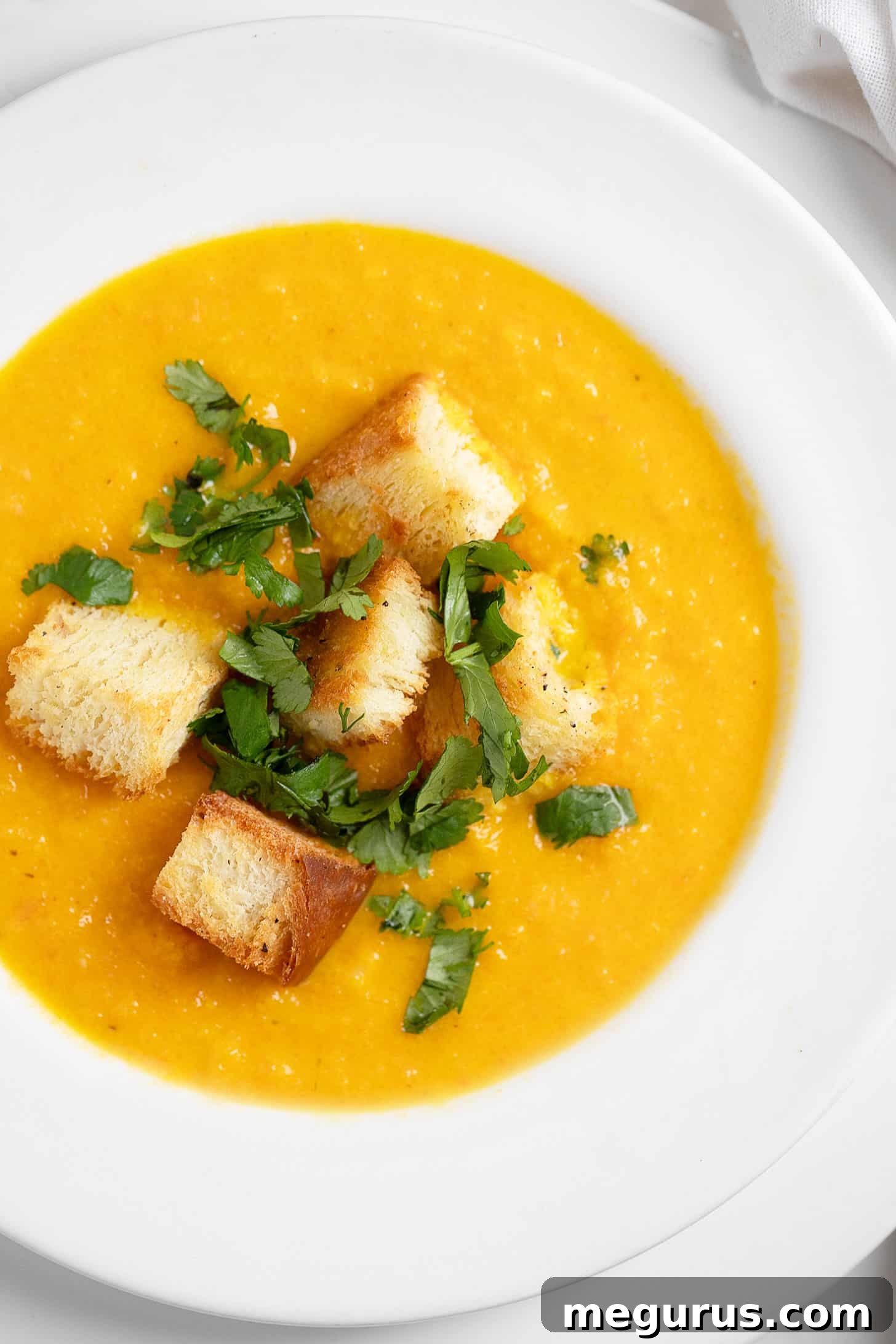 Carrot coriander soup in bowl with croutons.