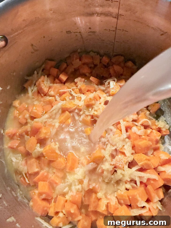 Adding broth to the soup pot.