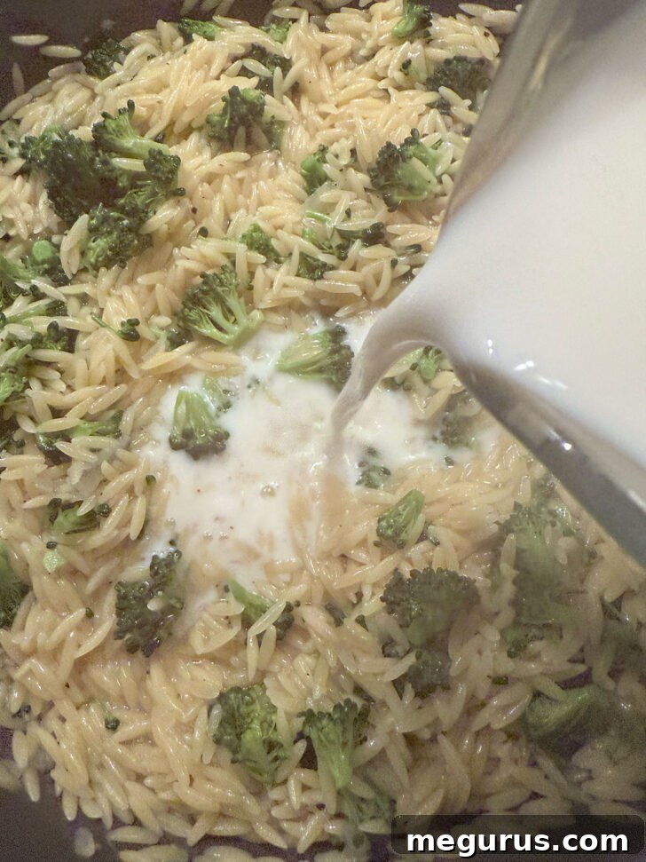 Adding milk to the orzo.