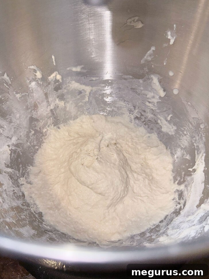 Focaccia dough after initial mixing, appearing very sticky.