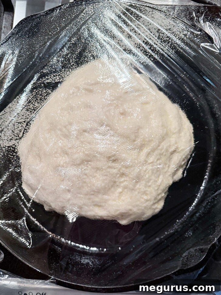 Focaccia dough gently placed and shaped in a cast-iron skillet, ready for its second rise.