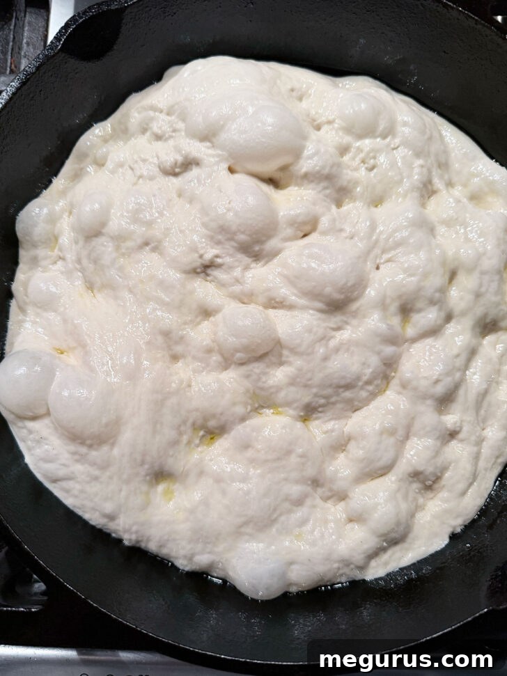 Close-up of focaccia dough after dimpling, showing numerous air bubbles.