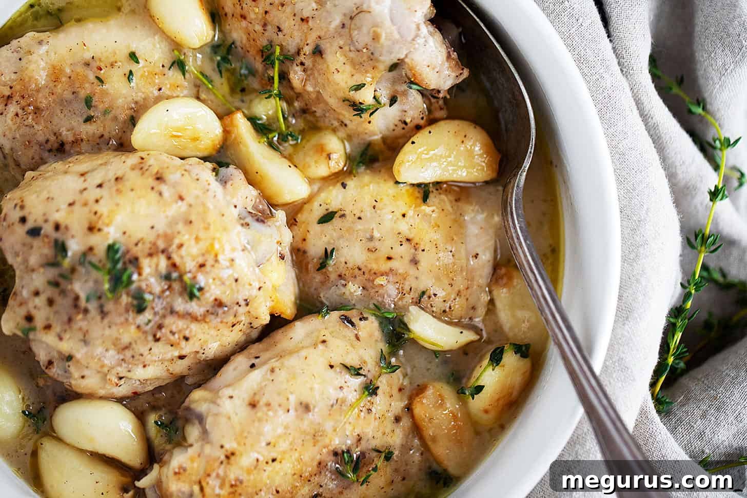 Hearty rustic garlic chicken and gravy served in a bowl with a spoon, ready to enjoy.