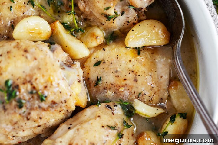 Rustic garlic chicken and gravy in bowl with spoon.