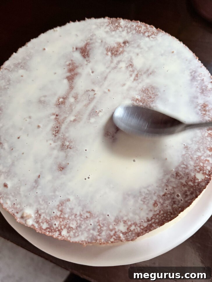 Spreading milk mixture over the cake, ensuring even distribution.