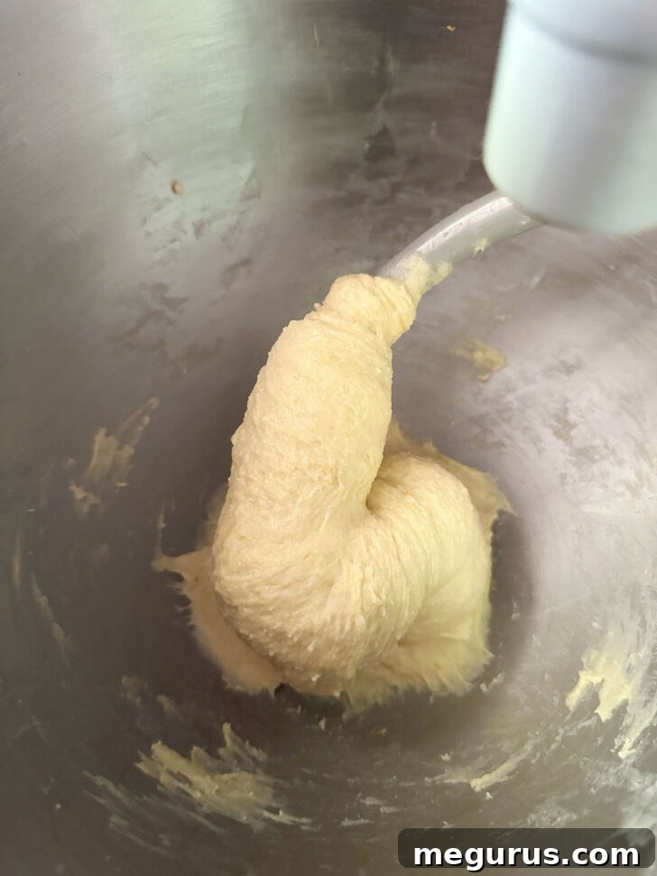 Finished maritozzi dough in mixer bowl, showcasing its moist yet firm consistency.
