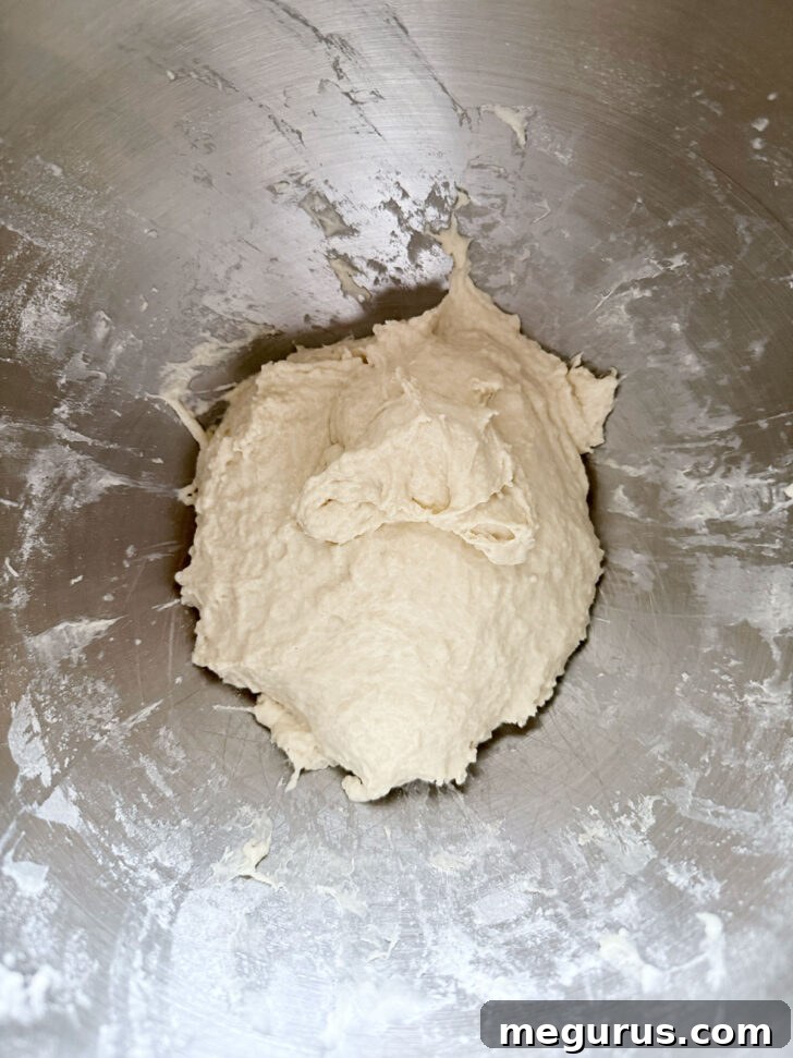 The focaccia dough after initial mixing, appearing very sticky in the bowl.
