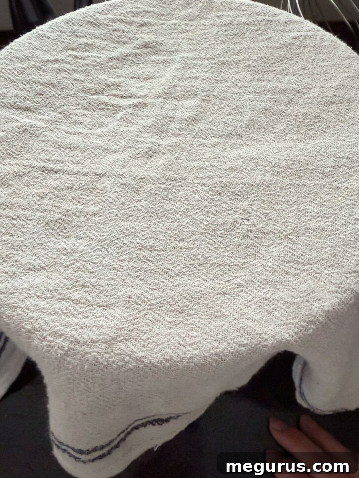 Focaccia dough resting in a mixing bowl, covered with a tea towel, during the first rise.