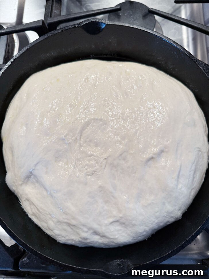 Focaccia dough after the second rise, having significantly expanded and filled the skillet.