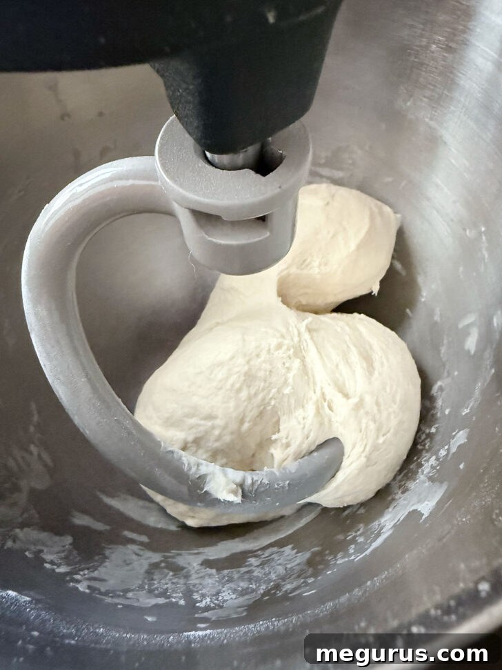 Finished dough in mixing bowl, light and airy.
