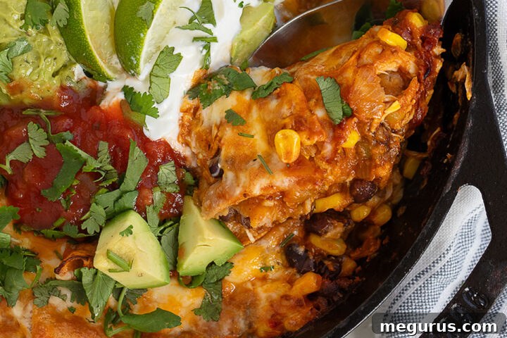 Chicken enchilada skillet in cast iron skillet with spoon.