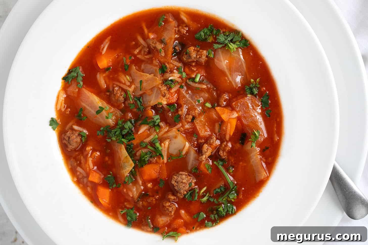 A bowl of rich, hearty slow cooker cabbage roll soup, garnished with fresh herbs, ready to be enjoyed.