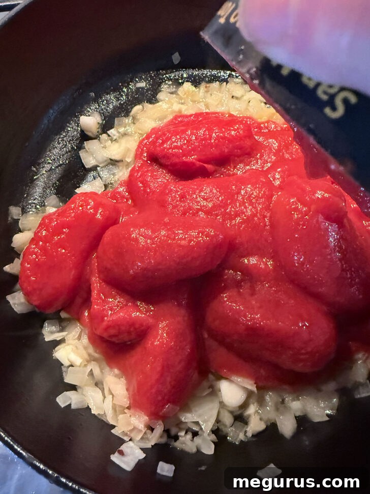Canned tomatoes added to skillet with onion and garlic.