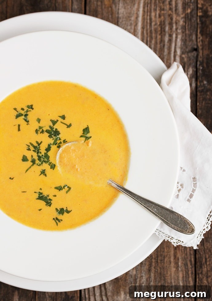 Close-up of Creamy Carrot Ginger Soup with fresh garnishes.