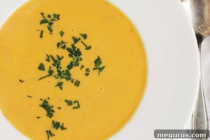 creamy carrot ginger soup in white bowl with a spoon