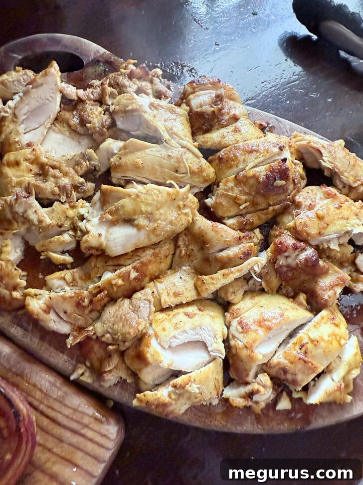 Chicken shawarma after slicing into strips.