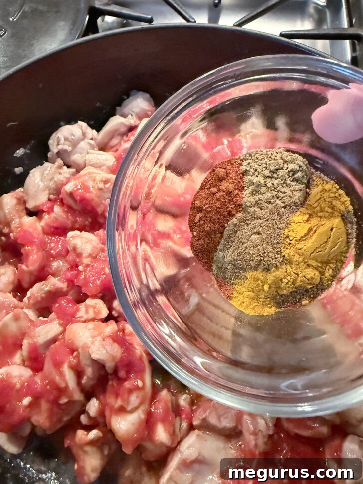 Aromatic Indian spices, including cumin, coriander, turmeric, paprika, garam masala, and Kashmiri chili powder, being added to the simmering chicken and tomato base.