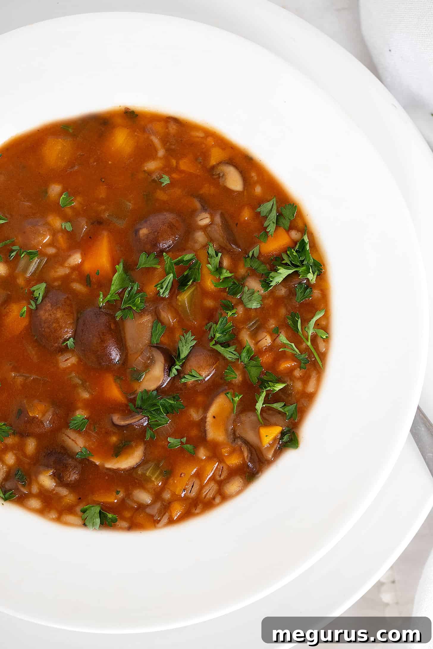 A beautifully presented bowl of Mushroom Barley Soup on a rustic wooden surface.