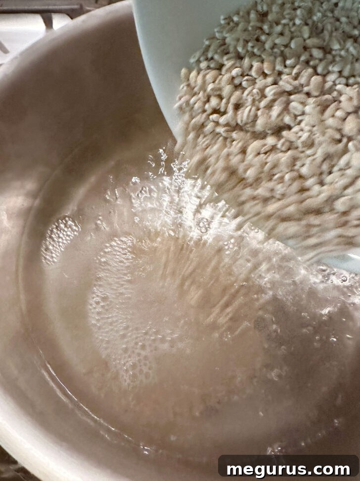 Adding pearl barley to boiling water in a saucepan.