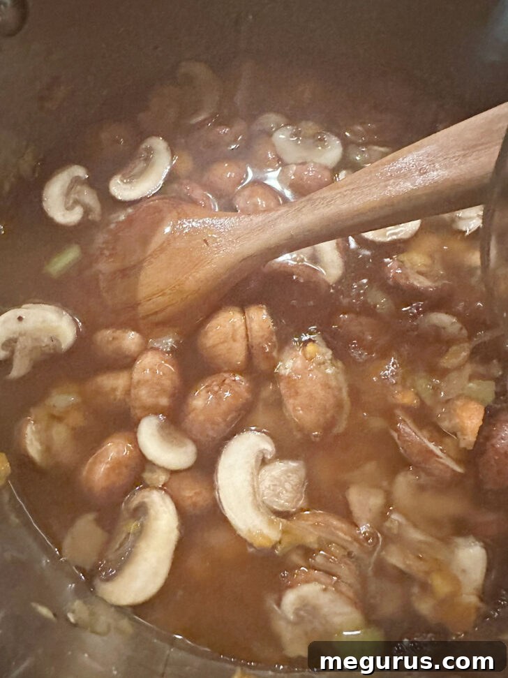 Beef broth, tomato paste, and seasonings added to the soup pot.