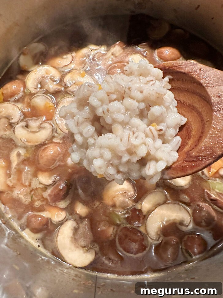 Adding the cooked barley to the simmering mushroom barley soup.