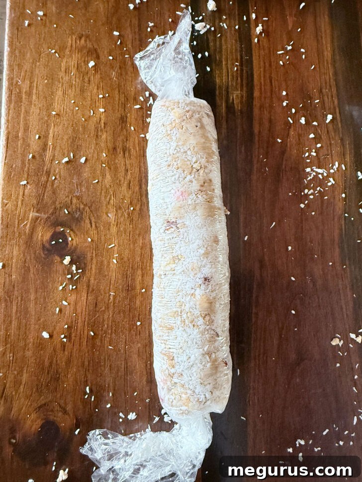 The fully rolled Fifteens log, wrapped tightly in plastic wrap with twisted ends, signifying it's ready for refrigeration and chilling.
