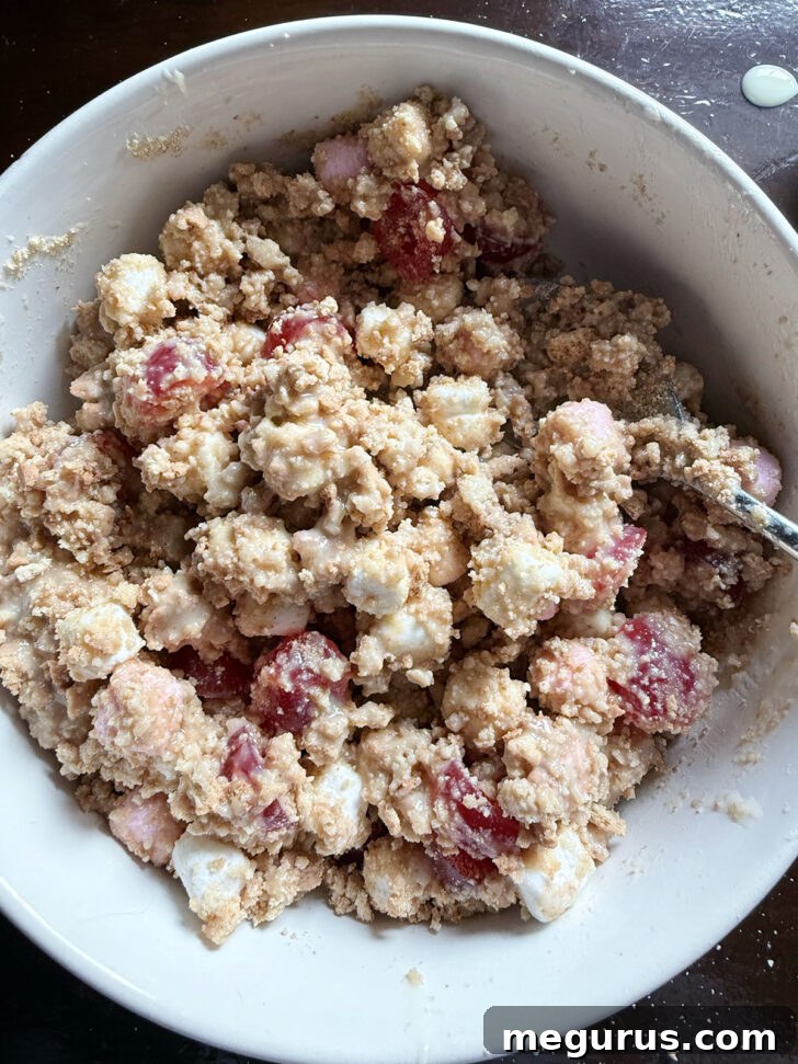 The biscuit mixture, now thoroughly combined with sweetened condensed milk, showing a cohesive, sticky consistency in the mixing bowl, ready for shaping.