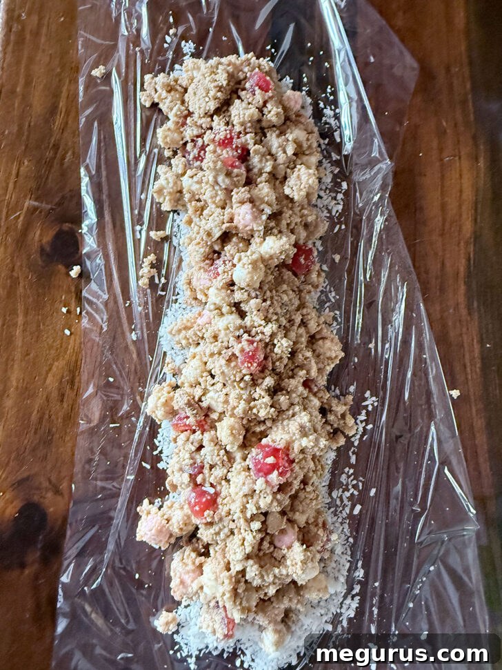 The sticky biscuit mixture carefully spooned onto the bed of coconut on the plastic wrap, forming a preliminary log shape.